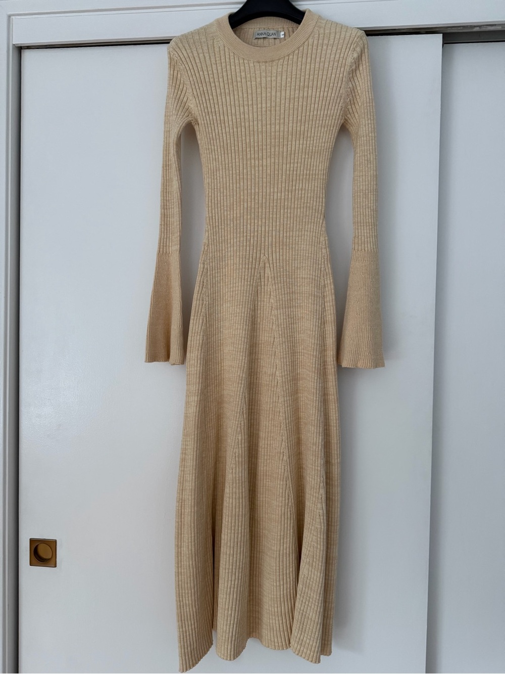 Anna Quan Ribbed Knit Cream Long Sleeve Midi Dress